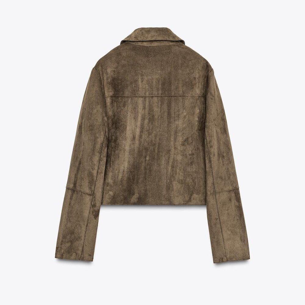 Zara Short Faux Suede Jacket, Khaki, Size M - Picture 2 of 8